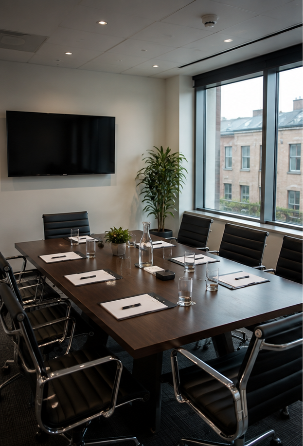 Prepared business meeting room with conference table and seating