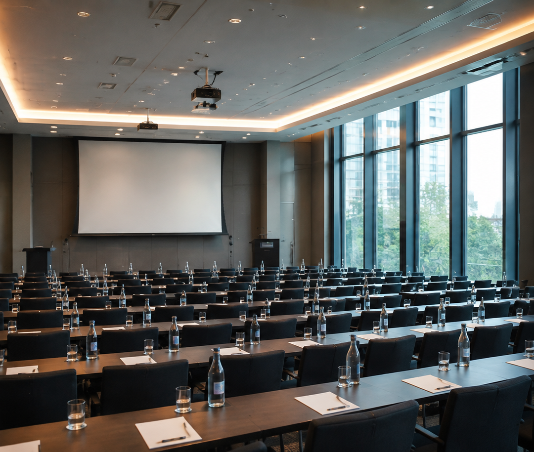 Business conference meeting space prepared for attendees