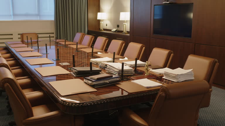 Conference table and meeting room prepared before attendees arrive